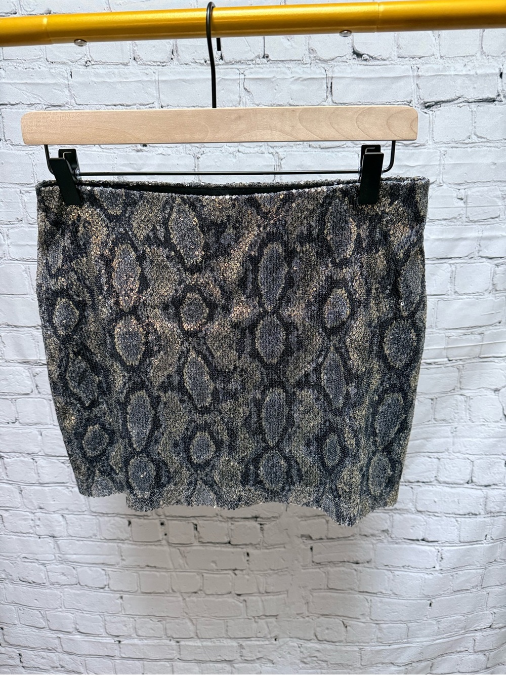 Express Snake-Print Sequin Mini Skirt in Black and Gray